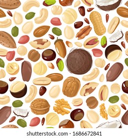 Patrón sin fisuras. Pecan y almendras, macadamia y pistachos, cacahuetes y anacardos, avellanas y nueces, texturas coloreadas vectoriales de castaña