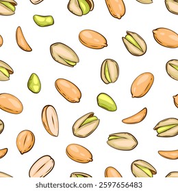 Nuts seamless pattern. Pistachio background. Organic food concept. Nuts pattern for fabric, packaging, coffee and bakery shops. Hand Drawn illustration