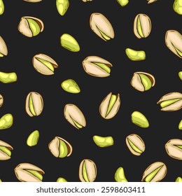 Nuts seamless pattern. Pistachio background. Organic food concept. Nuts pattern for fabric, packaging, coffee and bakery shops. Hand Drawn illustration