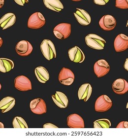 Nuts seamless pattern. Pistachio Hazelnut background. Organic food concept. Nuts pattern for fabric, packaging, coffee and bakery shops. Hand Drawn illustration