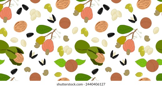 Nuts seamless pattern with tasty walnut, pumpkin seeds, Macadamia, cashew, sunflower seeds. Various nuts in flat style on white background. Food texture for grocery shop. Vector illustration