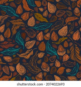 Nuts seamless pattern. Vector texture grain, nature leaves, forest. Hand drawn vintage bright background. Graphic abstract print. Organic food