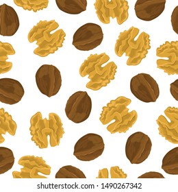 Nuts seamless pattern with walnuts in shell and without shell. Vector illustration isolated on transparent background