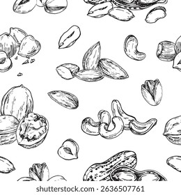 Nuts seamless vector pattern hand drawn with ink. Ornament of graphic elements with kernels and nutshells of cashew, pistachio, hazelnut and peanut. Template for label and textile design