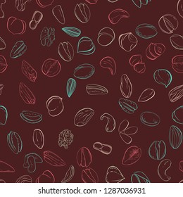 Nuts. Seamless vector pattern. Outline hand drawn illustration. Food background. Vector.