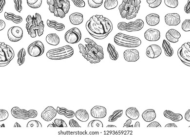 Nuts Seamless vector pattern. Outline hand drawn illustration. Black and white food background.