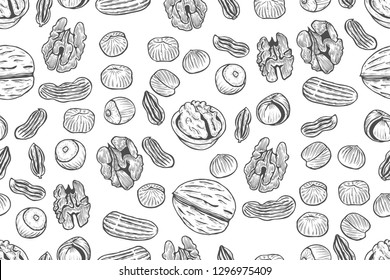 Nuts Seamless vector pattern. Outline hand drawn illustration. Black and white food background.