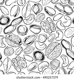 Nuts . Seamless vector pattern. Outline hand drawn illustration. Black and white food background.