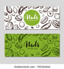 Nuts and seeds banners. Vector  Hand drawn  objects . Isolated on white. Modern brushpen Calligraphy. Design Template