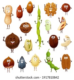 Nuts, seeds and beans cartoon characters set. Peanut, almond and hazelnut, coconut, pistachio and cashew, brazil nut, soybean and pecan, walnut, pumpkin and sunflower seed, coffee smiling face vector