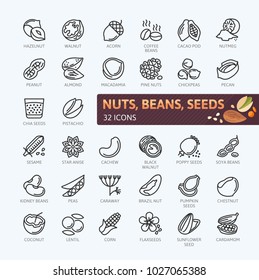 Nuts, seeds and beans elements - minimal thin line web icon set. Outline icons collection. Simple vector illustration.