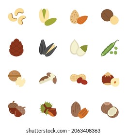 Nuts, Seeds and Beans flat color icons set 1 with white background.
