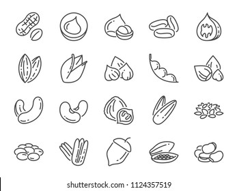 Nuts, seeds and beans icon set. Included icons as walnut, sesame, green beans, coffee, almond, pecan and more.