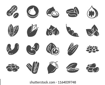 Nuts, seeds and beans icon set. Included icons as basil, thyme, ginger, pepper, parsley, mint and more.