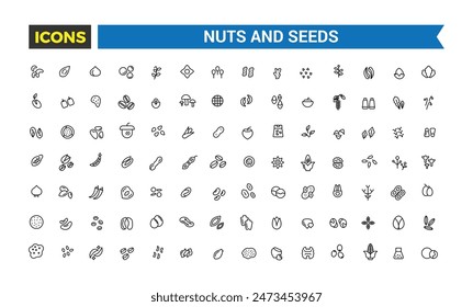 Nuts, seeds and beans icon set. Outline icons pack. Editable vector icon and illustration.