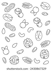 Nuts, seeds, berries. Pattern. Coloring page, black and white vector illustration.