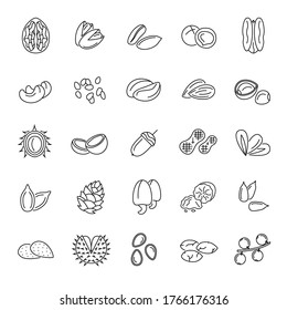 Nuts and Seeds Black Thin Line Icon Set Include of Peanut, Almond and Cashew. Vector illustration of Icons