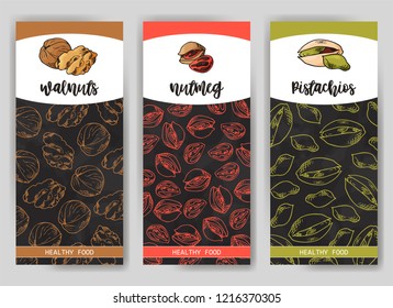 Nuts and seeds collection. Hand drawn elements. Flyer, booklet advertising and design. Vector illustration.
