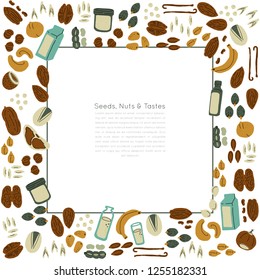 Nuts and seeds collection of hand drawn vector elements. Square frame from food objects for package, merch and other design.