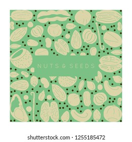 Nuts and seeds collection of hand drawn vector elements. Square premade frame for package, merch and other design.