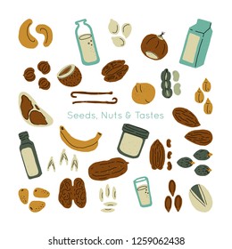 Nuts and seeds collection of hand drawn vector elements. Illustration made in doodle style. Set of food objects for package, merch and other design.