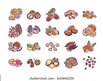 Nuts and seeds color line icons set. Nuts are the hard-shelled fruit of certain plants. Seeds are a small edible plant enclosed in a seed coat. Pictograms for web page, mobile app. Editable stroke.