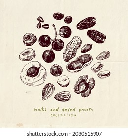 Nuts, seeds and dried fruits collection, vintage food drawing, healthy eating template