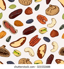 Nuts, seeds and dry fruits (peanut, pistachio, hazelnut, brazil nut, pecan, almond, cashew, dry date fruit, fig, raisin, sunflower seed, pumpkin seed).
Seamless pattern. Vector illustration.