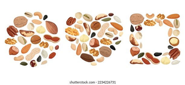 Nuts and seeds flat set with isolated bean icons combined into circle heart and square shapes vector illustration
