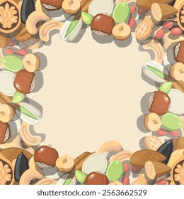 Nuts and seeds frame. Almond, pumpkin seed, peanut pistachio and sunflower seeds. Cashew, hazelnut square border background for advertising or label design Vector illustration.