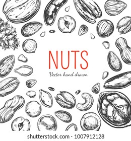 Nuts and seeds frame. Vector Hand drawn objects . Isolated on white. Modern brushpen Calligraphy. Design Template