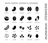 Nuts, seeds, grains and legumes icon set. Solid black cartoon style icons. Plant based diet ingredients, non-dairy milk symbols.