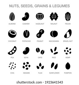 Nuts, seeds, grains and legumes icon set. Solid black cartoon style icons. Plant based diet ingredients, non-dairy milk symbols.