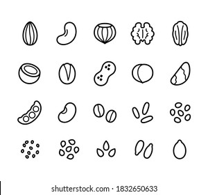 Nuts, seeds, grains and legumes line icon set. Plant based diet ingredients, non-dairy milk symbols.