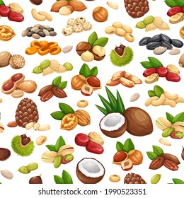 Nuts, seeds and grains seamless pattern, vector illustration. Cola nut,sunflower seeds, pistachio, cashew, coconut and hazelnut. Almond, corn nuts, nutmeg, chestnuts or chufa tigernuts and ets.