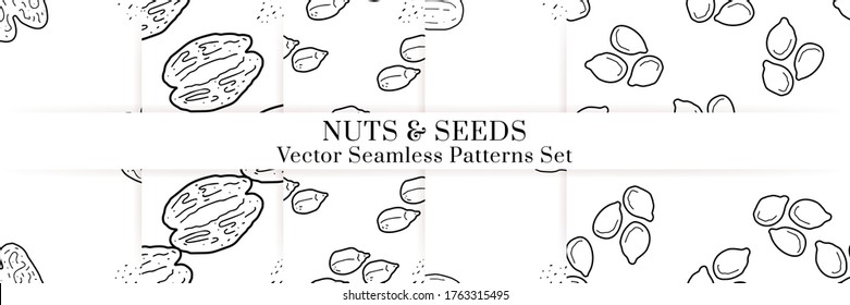 Nuts and seeds hand drawn vector seamless patterns set. Outline monochrome texture made in doodle style.Fruit background for package, merch, wallpaper, menu.