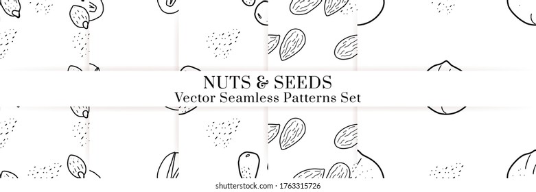 Nuts and seeds hand drawn vector seamless patterns set. Outline monochrome texture made in doodle style.Fruit background for package, merch, wallpaper, menu.