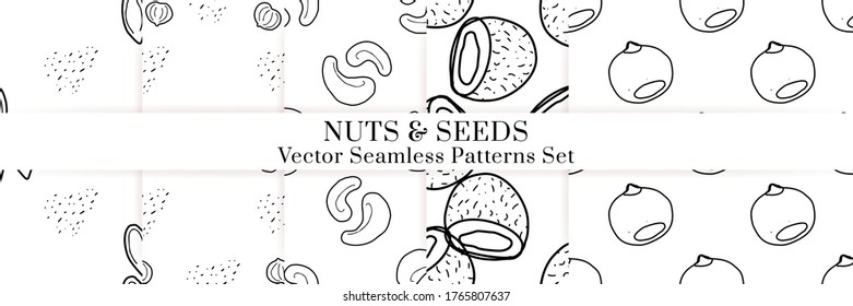 Nuts and seeds hand drawn vector seamless patterns set. Outline monochrome texture made in doodle style.Fruit background for package, merch, wallpaper, menu.