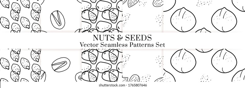 Nuts and seeds hand drawn vector seamless patterns set. Outline monochrome texture made in doodle style.Fruit background for package, merch, wallpaper, menu.