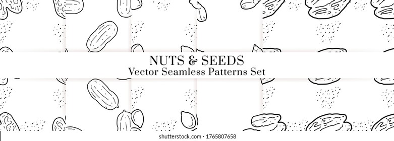 Nuts and seeds hand drawn vector seamless patterns set. Outline monochrome texture made in doodle style.Fruit background for package, merch, wallpaper, menu.