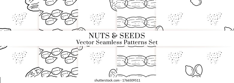 Nuts and seeds hand drawn vector seamless patterns set. Outline monochrome texture made in doodle style.Fruit background for package, merch, wallpaper, menu.