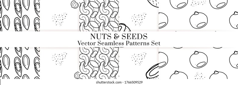 Nuts and seeds hand drawn vector seamless patterns set. Outline monochrome texture made in doodle style.Fruit background for package, merch, wallpaper, menu.