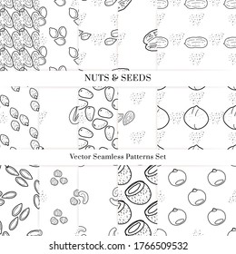 Nuts and seeds hand drawn vector seamless patterns set. Outline monochrome texture made in doodle style.Fruit background for package, merch, wallpaper, menu.