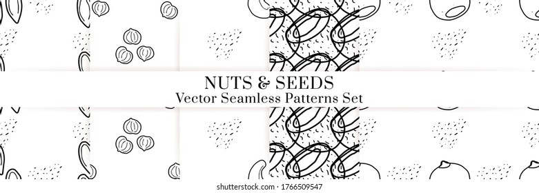 Nuts and seeds hand drawn vector seamless patterns set. Outline monochrome texture made in doodle style.Fruit background for package, merch, wallpaper, menu.