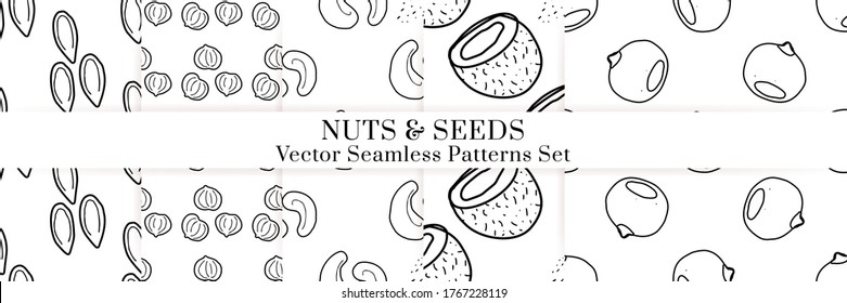 Nuts and seeds hand drawn vector seamless patterns set. Outline monochrome texture made in doodle style.Fruit background for package, merch, wallpaper, menu.