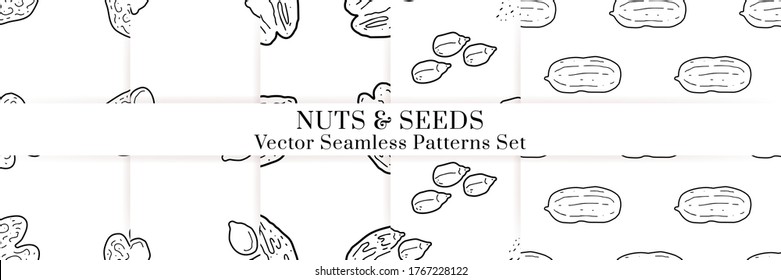 Nuts and seeds hand drawn vector seamless patterns set. Outline monochrome texture made in doodle style.Fruit background for package, merch, wallpaper, menu.