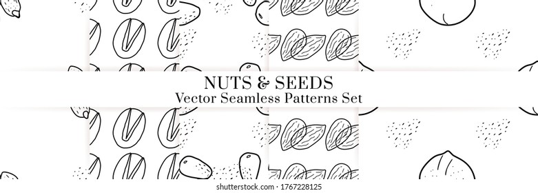 Nuts and seeds hand drawn vector seamless patterns set. Outline monochrome texture made in doodle style.Fruit background for package, merch, wallpaper, menu.