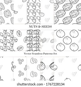 Nuts and seeds hand drawn vector seamless patterns set. Outline monochrome texture made in doodle style.Fruit background for package, merch, wallpaper, menu.