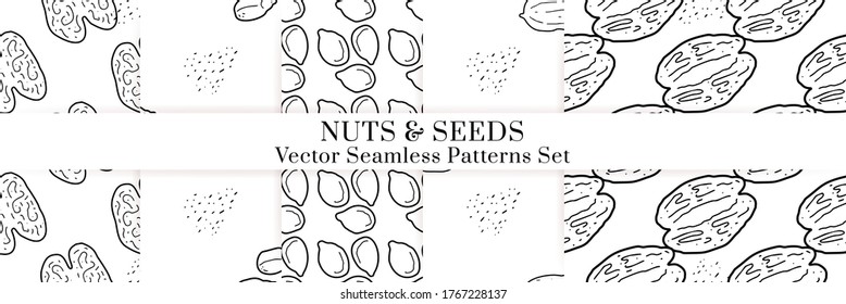 Nuts and seeds hand drawn vector seamless patterns set. Outline monochrome texture made in doodle style.Fruit background for package, merch, wallpaper, menu.