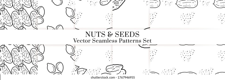 Nuts and seeds hand drawn vector seamless patterns set. Outline monochrome texture made in doodle style.Fruit background for package, merch, wallpaper, menu.